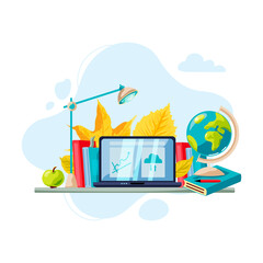Laptop with books, globe, apple, fallen leaves. Welcome back to school concept. E-learning concept. Flat cartoon style design. Place for text on computer monitor. Vector illustration.
