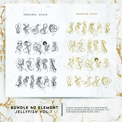 40 bundle jellyfish hand drawing premium design with original black and premium gold © floral