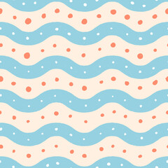 Refreshing abstract wonky dots and wavy lines seamless vector pattern with summer or spring vibe in salmon color, baby blue and cream background for wrapping paper, fabric, textile, surface design