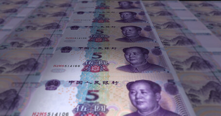 Detailed animated close up of 5 Yuan, the Chinese currency. Five Renminbi the second denomination of china's money. Footage of chinese banknotes with 3d effect. Creative 4k lopping macro video 