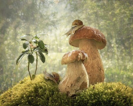 Mushroom in the forest with cute snails