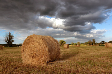 Dark clouds over a sheaf of hay in the meadow.