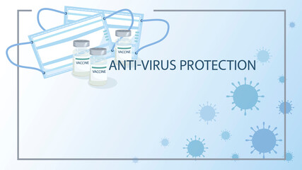 Medical masks, antivirus vaccine. ANTIVIRUS PROTECTION. Medical bottles, masks isolated.