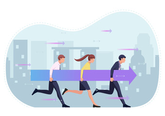 Business people holding arrow and moving forward together