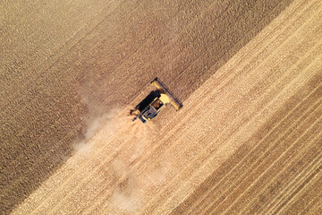 Fototapeta na wymiar aerial view of a modern combine harvester in action ending harvesting a wheat field