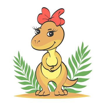 Little beige cute dinosaur girl with a red bow on her head. The second picture with a contour for coloring. Vector cartoon illustration for children.