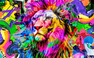 Foto op Plexiglas close-up van kleurrijk geschilderd leeuwengezicht © reznik_val