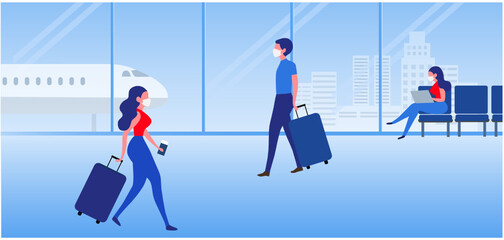 People wearing face mask and keep distancing, travelling aboard at the airport vector illustration. Covid-19 prevention disease outbreak concept background