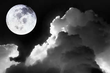 Naklejka na ściany i meble Image of bright full moon in dark sky with dramatic of light and texture on soft cloudscape in black and white for meteorology background.