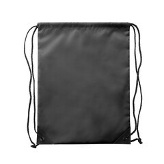 Black drawstring bag with string at both side. polyester material. Suitable for mock up, advertising, e-commerce & branding purposes. Studio photography in white background. Front view.
