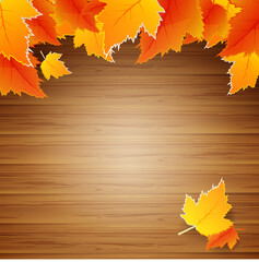 Naklejka na ściany i meble top view autumn leaves on the wood board. concept autumn season.