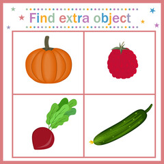 Map for children's development, find an extra object where the cucumber is long and the rest is round, the cucumber is extra. Vector illustration. Design of children's books, preschool education