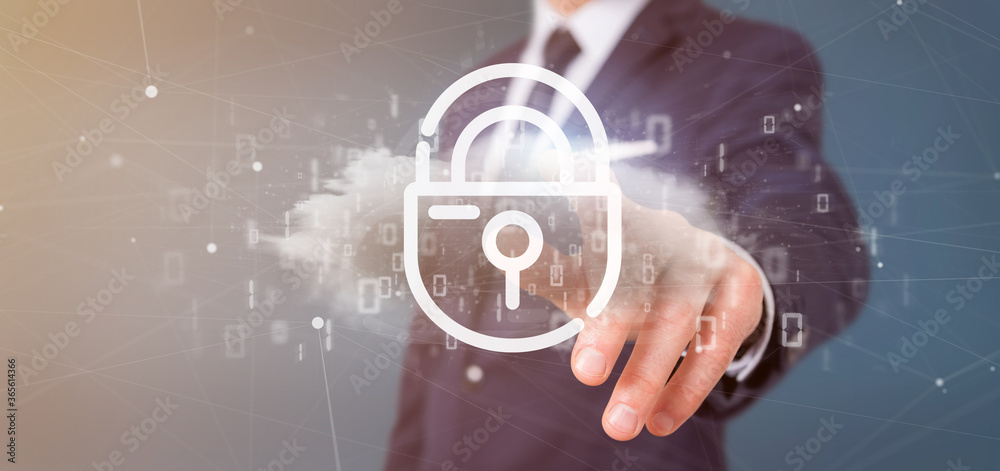 Poster businessman holding a binary cloud with internet security padlock 3d rendering