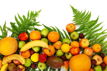 Pattern of various fresh fruit over white