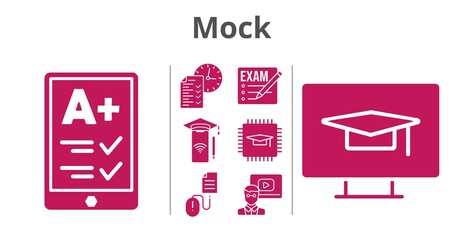 mock set. included exam, ereader, chip, smartphone, teacher, test, student-desktop, click icons. filled styles.