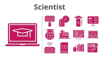 scientist set. included exam, professor, ebook, books, student-laptop, smartphone, test, school, book, training icons. filled styles.