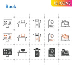book icon set. included desktop, smartphone, pdf, test, training icons on white background. linear, bicolor, filled styles.