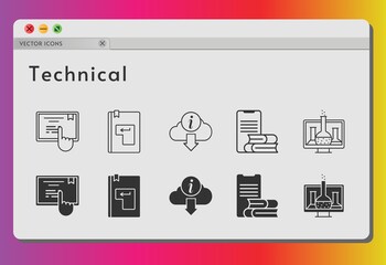 technical icon set. included chemistry, online-learning, touchscreen, information, enter icons on white background. linear, filled styles.
