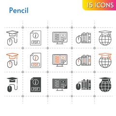 pencil icon set. included pdf, ebook, books, school, elearning icons on white background. linear, bicolor, filled styles.
