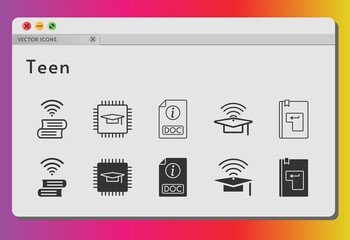 teen icon set. included chip, cap, book, doc, book (2), enter icons on white background. linear, filled styles.