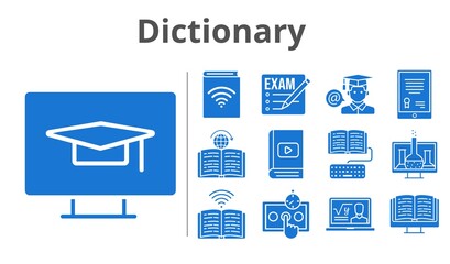dictionary set. included exam, chemistry, tablet, professor, audiobook, ebook, test, student, homework, book, learning, student-desktop icons. filled styles.