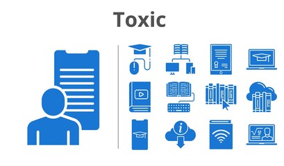 toxic set. included audiobook, study, homework, book, cloud, student-smartphone, tablet, professor, student-laptop, ebook, elearning, information, school (2) icons. filled styles.