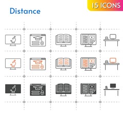 distance icon set. included ebook, desktop, login, microscope icons on white background. linear, bicolor, filled styles.