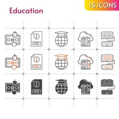 education icon set. included cloud, pdf, test, homework (1), school, homework, test (1) icons on white background. linear, bicolor, filled styles.