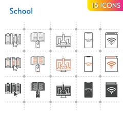 school icon set. included chemistry, student-smartphone, audiobook, ebook, book icons on white background. linear, bicolor, filled styles.
