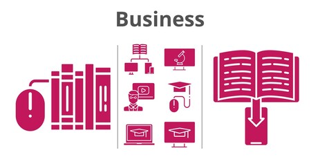 business set. included books, teacher, student-laptop, ebook, elearning, student-desktop, school (2), microscope icons. filled styles.
