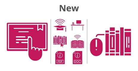 new set. included cap, pdf, desktop, books, book, doc, touchscreen icons. filled styles.