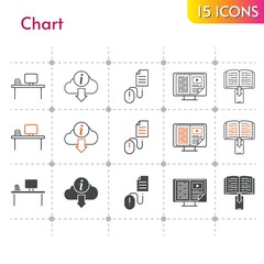 chart icon set. included desktop, ebook, information, click icons on white background. linear, bicolor, filled styles.