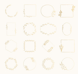 Set of elegant golden frames with botanical design elements. Fancy ornate borders for wedding hand drawn design. Vector isolated illustration. - 365615399