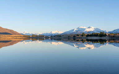 New Zealand Lake in the winter with mountains and reflection