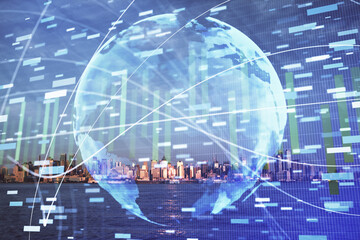 Double exposure of business theme hologram drawing and city veiw background. Concept of success.