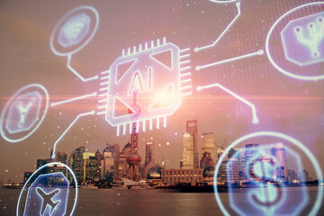 Data theme hologram drawing on city view with skyscrapers background double exposure. Ai concept.
