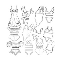 Collection. Women's clothing. Black and white. Sexy collection of women's underwear. Cartoon of various sketch elements: print, icon, magnet, collage. Bra, panties, bikini, t-shirts, swimwear, shorts,