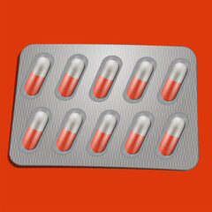 Blister orange and white pills. AI vector illustration.