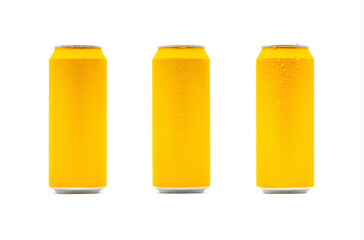 Set of aluminum yellow can with water drops on white background isolated.
