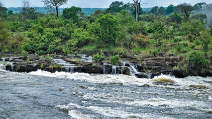 The Zambezi River is approaching Victoria Falls. Water rushes in a powerful stream, boils and...