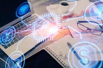Double exposure of table with computer on background and data theme drawing. Concept of innovation.