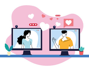 couple in love communicate by electronic devices