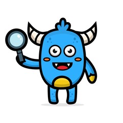 cartoon cute blue monster holding magnifying glass