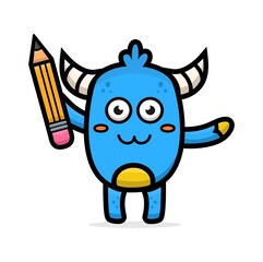 cartoon cute blue monster holding pencil