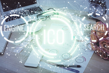 Double exposure of blockchain and crypto economy theme hologram and table with computer background. Concept of bitcoin cryptocurrency.