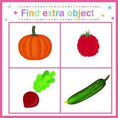 Map for children's development, find an extra object where a round vegetable among the long ones, a tomato is extra. Vector illustration. Design of children's books, preschool education