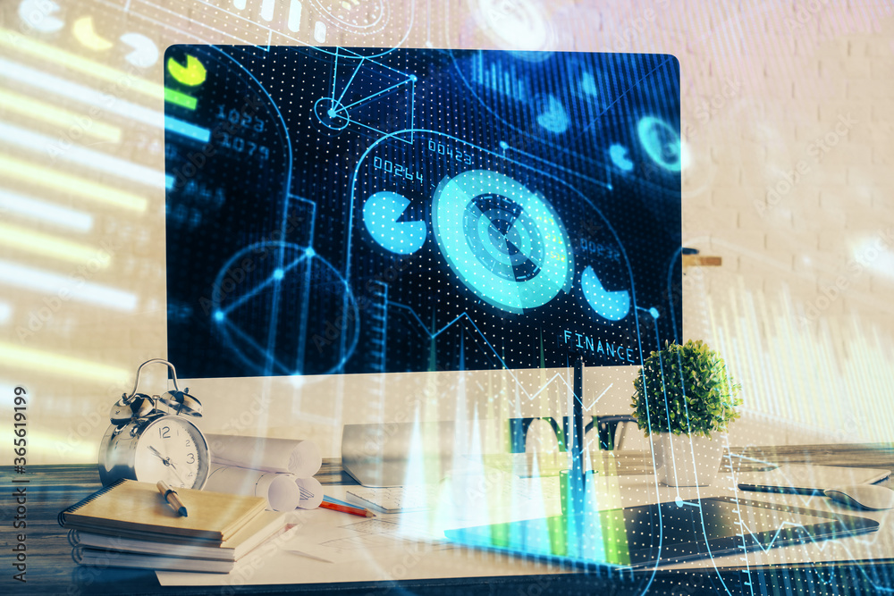 Aufkleber Double exposure of desktop with computer on background and tech theme drawing. Concept of big data.