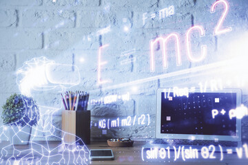 Desktop computer background and formula hologram writing. Double exposure. Education concept.