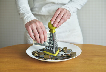 exchange dollars for cents using a grater. concept on the theme of money