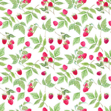 Beautiful seamless pattern with watercolor raspberry and leaves. Stock illustration.